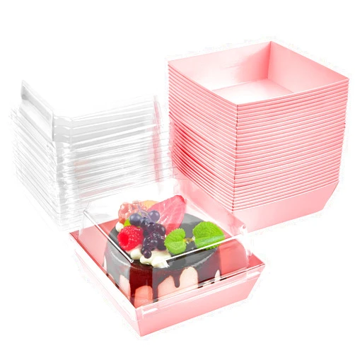 Kucoele 50 Pack Small Charcuterie Boxes with Clear Lids, 4 Inches Paper Bakery Boxes Dessert Boxes Disposable To Go Food Containers for Cookie, Cake Slice, Mini Cake, Chocolate Strawberry (Pink)