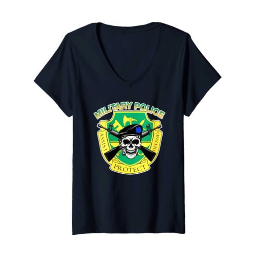 Military Pride MP apparel by DBA.dezines Womens Bad-ass Military Police Skull V-Neck T-Shirt