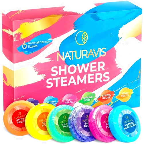 NATURAVIS Shower Steamers Aromatherapy Gift Set - Eucalyptus & Mint Scented Shower Bombs for Stress Relief and Relaxation – 6 Shower Tablets for Women and Men - Perfect Self-Care Gift for Birthdays and Holidays