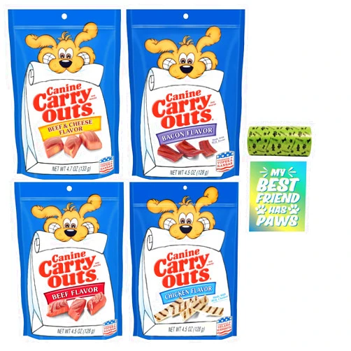 Ozora Green Canine Carry Outs Soft Dog Treats, 4 Flavor: Beef, Bacon, Beef & Cheese, Chicken 4.5 Oz Each - Plus Earth Friendly Poop Bag Roll & Weatherproof My Best Friend Sticker