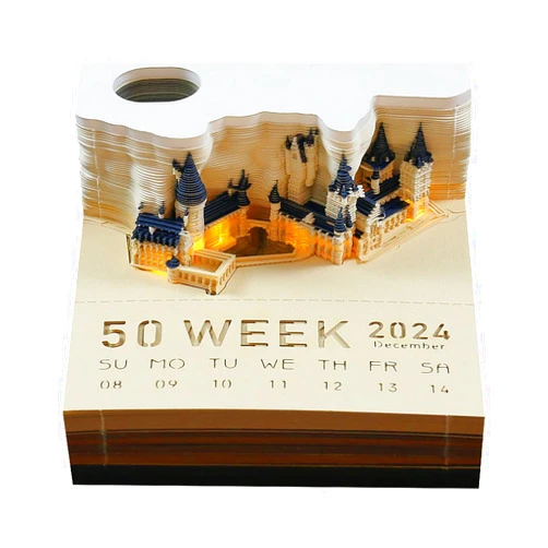 RSLIPIN 2024 Desk Calendar Memo Pad, 3D Magic Castle Weekly Calendar Notepad With Light&Pen Holder, 3D Memo Pad DIY Decoration Gift