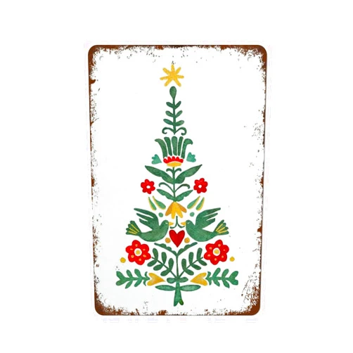 Sizdtchk Scandinavian Christmas Print, Watercolor Christmas Tree, Christmas Decoration, Holiday Decor, Norwegian Folk Art Print Swedish Polish Danish Funny Vintage Metal Tin Sign for Home Coffee 12 x 8 Inch