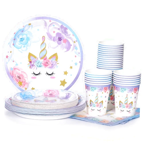 LIUGUSUN Unicorn Party Supplies Rainbow Unicorn Plates and Napkin Sets for Baby Shower First Girls Birthday Party Decorations Afternoon Tea Pool Garden Party，Serves 24