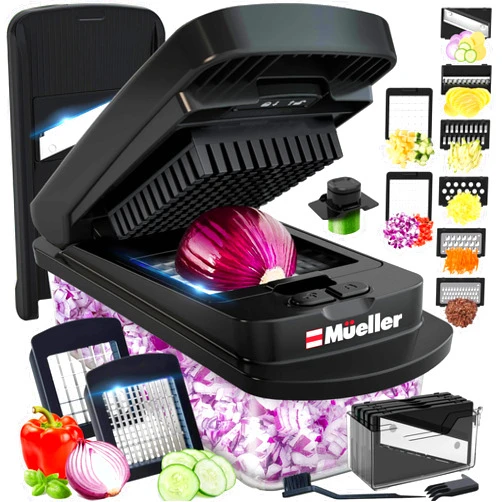 MUELLER HOME Mueller Pro-Series 10-in-1, 8 Blade Vegetable Chopper, Mandoline Slicer, Onion Mincer, Cutter, Dicer, Veggie Chopper with Container, Kitchen Essentials & Gadgets, House Warming Gifts New Home, Black