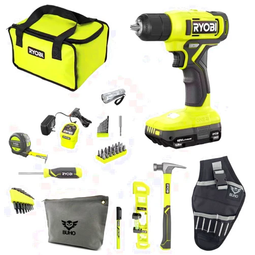 Buho Household Tool Kit Accessory Bundle - Ryobi 18V Cordless Drill Driver 1.5 Ah Battery Charger Hand Tools Drill Bits Tool Bag Holster Pouch Flashlight