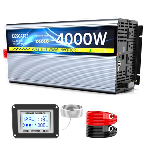 EGSCATEE 4000W Pure Sine Wave Inverter 12V DC to 120V AC Converter for Truck, Home, RV, Peak 8000W Off-Grid Solar Power Inverter with 4 AC Outlets, Dual 3.4A USB Ports, Remote Controller with Screen