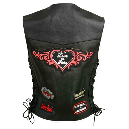 EVENT LEATHER ELL4900 Women’s 'Love to Ride' Black Leather Motorcycle Patched Embroidered Vests with Side Laces
