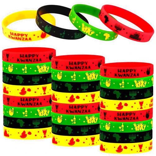FORSEEZON 24 Packs Happy Kwanzaa Party Supplies African Heritage Holiday Rubber Wristbands Decoration Kit Silicone Bracelets Favors Gifts Prize Goodie Bag