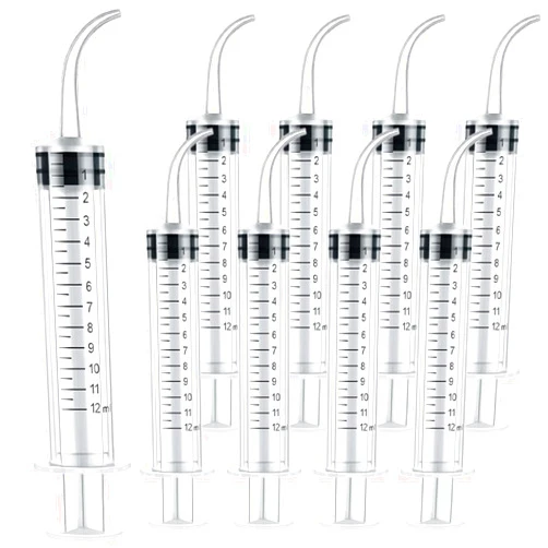 LabAider 9 Pack 12ml/cc Dental Syringe with Curved Tip & Measurement Disposable Graduated Dental Irrigation Syringe for Oral Dental Care, Tonsil Stones Removing, Lab, Feed Small Pet (9 Pack-Curved-Measurement)