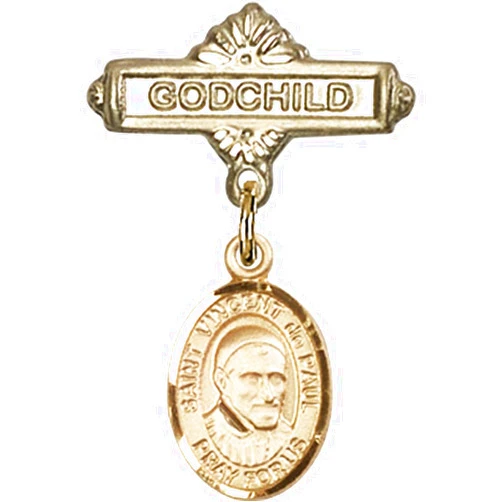 Bonyak Jewelry Saint Medal Collection Gold Filled Baby Badge with St. Vincent de Paul Charm and Godchild Badge Pin 1 X 5/8 inches