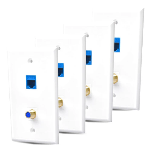 HuaHengHT 4 Packs Ethernet Coax Wall Plate Outlet with 1 Cat6 Keystone Port and 1 Gold-Plated Cable TV Coax F Type Port RJ45 Female to Female Direct Network Connector Wall Plates Blue