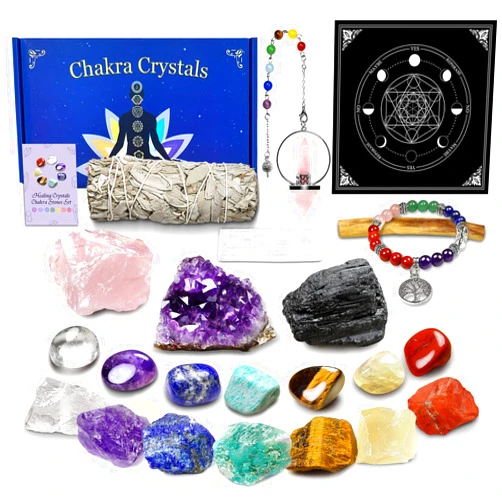 AMill Healing Crystals Set, Crystals and Healing Stones Kit, Crystals for Beginners, 14 Chakra Crystals Stones, Rose Quartz, Amethyst Cluster, Tourmaline, Pendulum, Altar Cloth, Selenite Bracelet, Sage