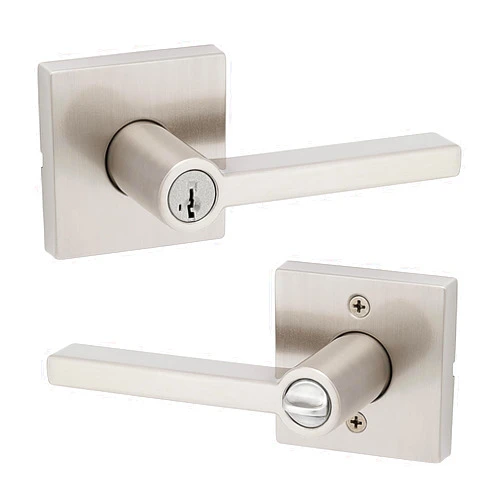Kwikset Halifax Entry Door Handle with Lock and Key, Secure Keyed Reversible Lever Exterior, For Front Entrance and Bedrooms, Satin Nickel, Pick Resistant Smartkey Rekey Security and Microban