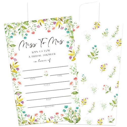 Jdgbo Miss to Mrs Bridal Shower Invitations With Envelopes, Greenery Flower Bridal Shower Invites, Bachelorette Party Invitations, Wedding Invites 25 Set, Celebration Engagement Party Supply/008