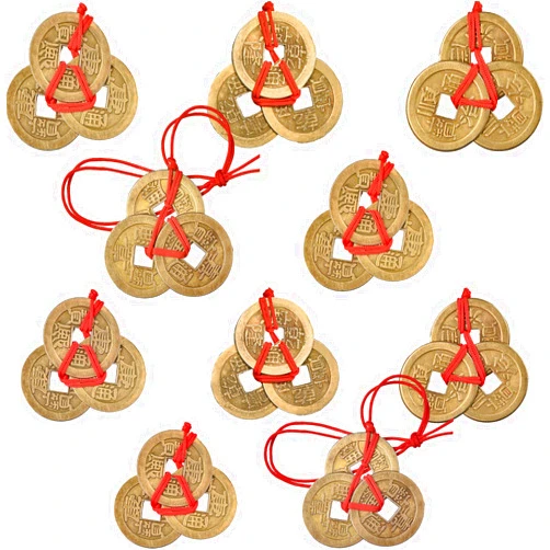 Boao Chinese Fortune Coins Feng Shui Coins I Ching Coins Good Luck Coins Traditional Brass New Year Coins with Red String for Wealth and Success, 5 Styles (10)
