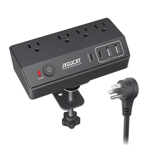 JXGUCAT Desk Clamp Power Strip with PD 20W USB C, JXGUCAT Removable Fast Charging Desktop Edge Power Strip Surge Protector, 10 ft Extension Cord Flat Plug with 4 Outlet 4 USB Ports, Fit 1.8