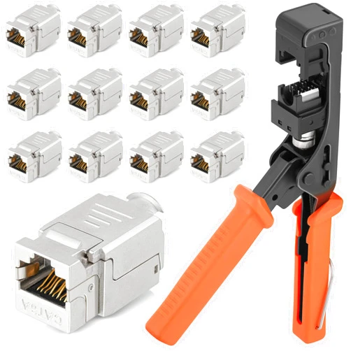 Everest Media Solutions easySHIELD (CAT6A Kit) - Speed Termination Tool, with 12 Slim Profile, 90-Degree RJ45 Shielded Keystone Jacks - F/STP Punch Down Crimper - Tested for CAT5e, CAT6, CAT6A, CAT7