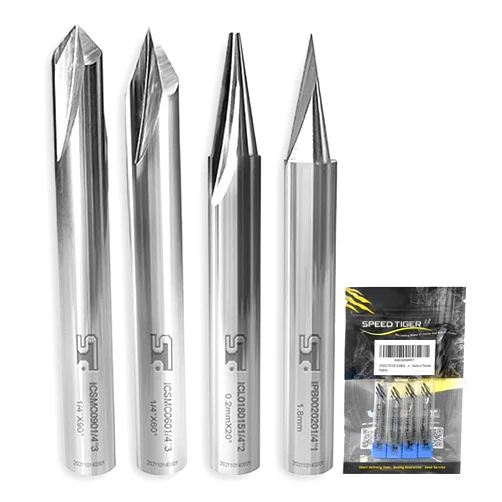 SPEED TIGER Carving Router Bit Set - ICARVE 60° & 90° V Groove, 15° Detail Carving Liner, 20° Flat Tip Profile Bit (4 Pieces) – Mill Bits Sets for DIYers & Professionals