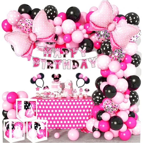 Pewatul Pink Mouse Birthday Party Supplies - Pink Mouse Balloon Garland Arch Kit for Cartoon Mouse Theme Birthday Party Decorations for Girl, Pink Bow Foil Balloons and Banners for Baby Shower Party Supplies
