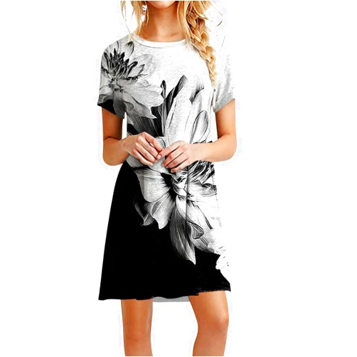 Yesunpxs Women's Crew Neck Short Sleeve Mini Dress Floral Print Swing Casual Loose Lightweight Summer Beach Shirt Dresses