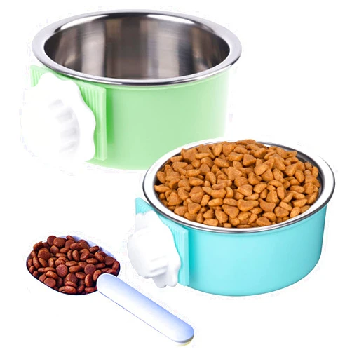 Mechpia 2 Pieces Crate Dog Bowl, Removable Stainless Steel Pet Kennel Hanging Food Water Feeder Bowl Cage Coop Cup with Spoon for Puppy Medium Dog Cat Rabbit Ferret Bird