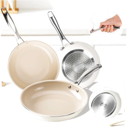 KIKCOIN 3-piece cookware set, premium non-stick - durable, versatile cooking essentials, kitchen must-have, easy to clean, induction, oven and dishwasher safe, khaki - perfect for home cooking.