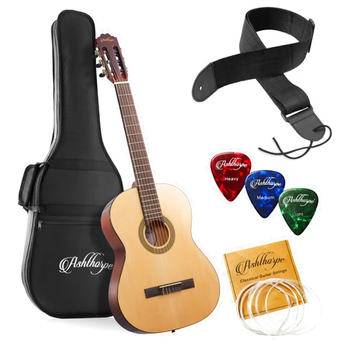 Ashthorpe 39-inch Full-Size Classical Acoustic Guitar, Premium Tonewoods with Classic Natural Finish, Nylon Strings, Gig Bag, Strap, Picks