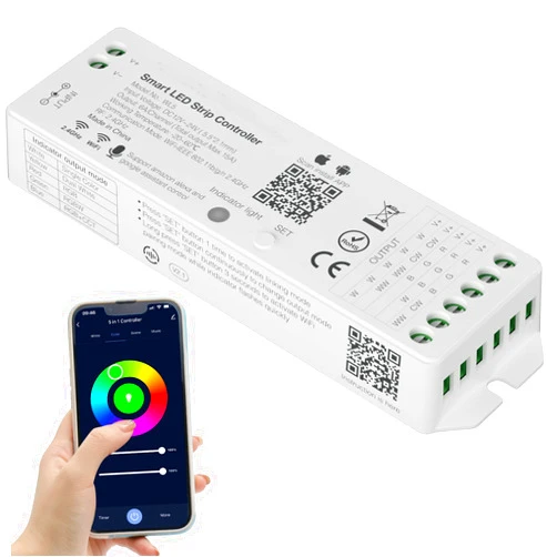 PAUTIX WiFi 5-in-1 LED Controller Dimmable for Monochrome CCT RGB RGBW RGBCCT LED Strip Lights Compatible with Tuya APP/Smart Life/Alexa/Google Home/Siri,DC12-24V Lights Controller(without Battery)