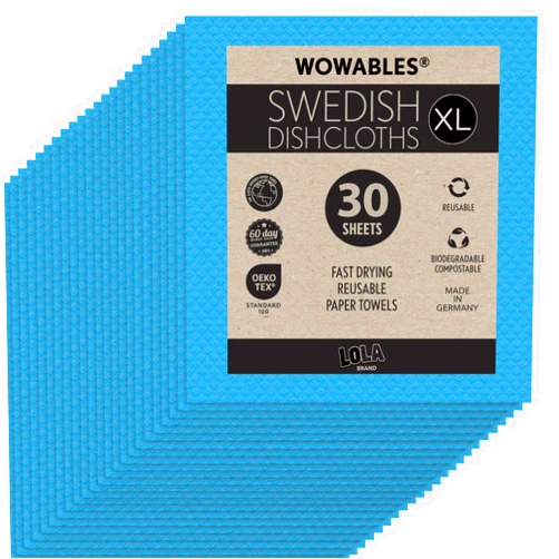 LOLA Swedish Dishcloths for Kitchen XL, 30 Sheet Roll, Biodegradable & Compostable, Reusable Paper Towel Cleaning Cloths, 11