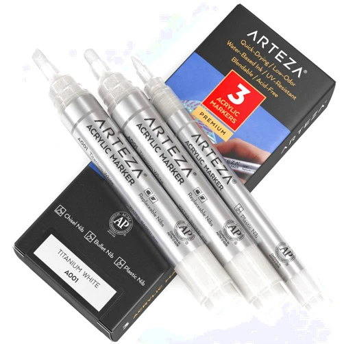 ARTEZA Acrylic Paint Markers, Pack of 3, A001 Titanium White, 2 Thick (Chisel + Bullet Nib) and 1 Thin White Acrylic Paint Pen, for Metal, Canvas, Rock, Ceramic Surfaces, Glass, Wood, and Fabric