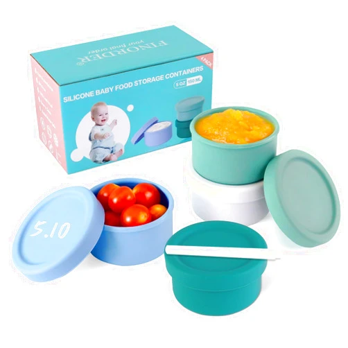 Finorder Set of 4 100% Silicone Baby Food Storage Containers of Cute Fun Colors, 5 oz Leak Proof Food Snack Containers for Infants Kids with Airtight Lids, Freezer Dishwasher Safe