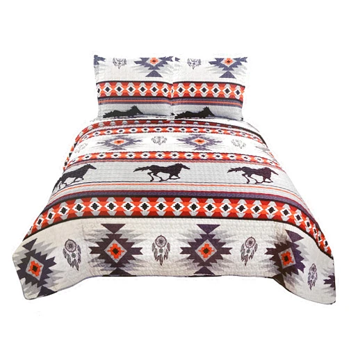 Western Peak 3 Pc Saddleridge Horse Native Tribal Aztec Dream Catcher Print Quilt Bedding Set with Pillows (Beige Orange, Queen)