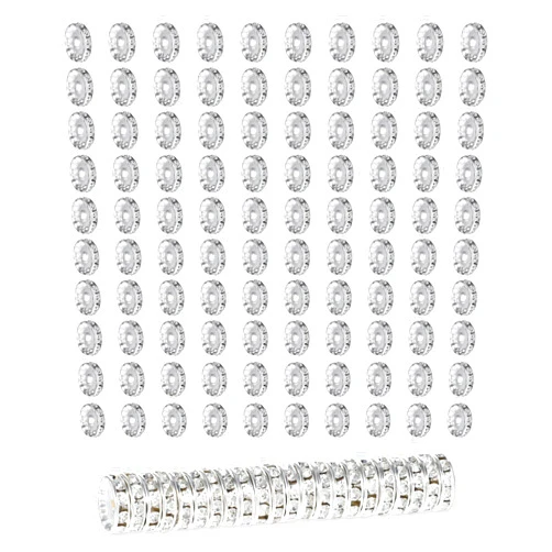 ZEYIYER 100 PCS Spacer Beads, 12mm Silver Plated Rondelle Loose Beads Rhinestone Beads Flat Round Crystal Beads for DIY Jewelry Bracelets Making