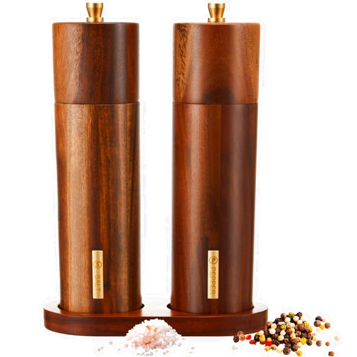 LOYIM Wooden Salt and Pepper Grinder Set 8 Inch Tall Manual Salt and Pepper Mill with Tray Adjustable Coarseness and Refillable Wood Grinders with Gold Bottle Label for Kitchen