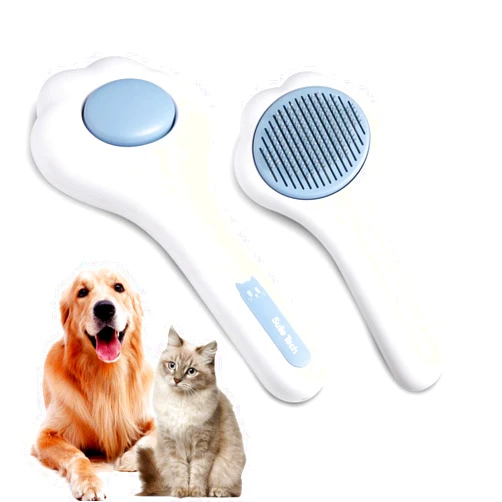 Sulie Tech Pet Grooming Brush with Release Button, Self-Cleaning Slicker Brush for Long or Short Fur Shedding in Cats and Dogs (Blue)