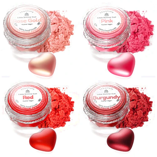 Shanlinly Luster Edible Glitter Dust Valentine‘s Set - 4 Colors Rose Gold Pink Burgundy Red Edible Cake Dust Shimmer Powdered for Cake Decorating, Chocolates, Fondant, Drinks, Painting, Vegan
