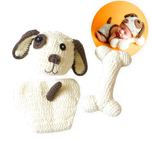 Zeroest Newborn Baby Girl Boy Photography Props Outfits Crochet Knitted Puppy Hat and Shorts Set with Bone for Photo Shoot