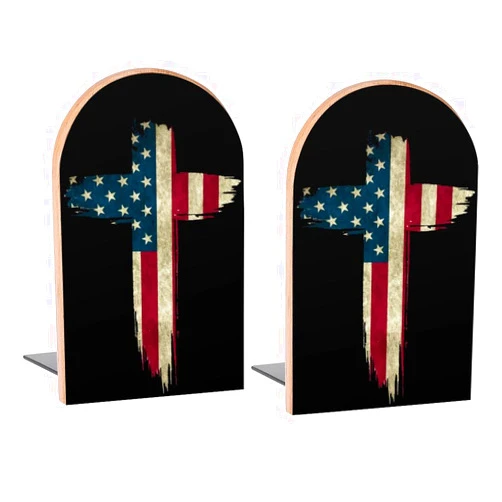Famame American Flag in Cross Book Ends Decorative Wood Bookends for Shelves Kids Room Desk Home Office Book Stoppers for Magazines,Books, DVDs, 1 Pair/2 Pieces(5x3.1 in)