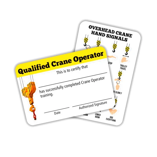 Lashicorn Qualified Crane Operator Certification Card | 5 pk 3.5x2.25” Plastic Wallet Training Certificate Fill in Name Completion Hard Hat OSHA Checklist Bulk ID Tag Overhead Crane Hand Signals