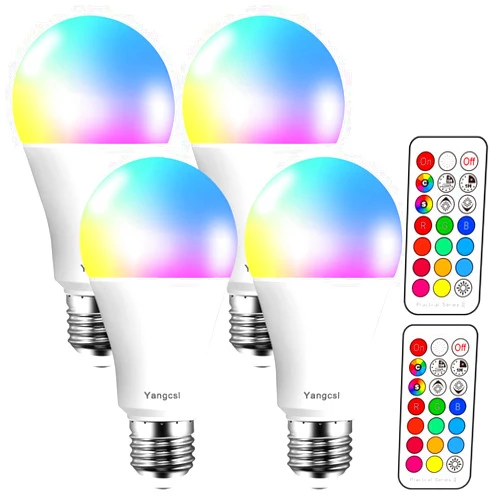 Yangcsl LED Light Bulbs 70W Equivalent, RGB Color Changing Light Bulb, 2 Moods/Memory/Sync/Dimmable, A19 E26 Screw Base, Timing Remote Control Included (Pack of 4)