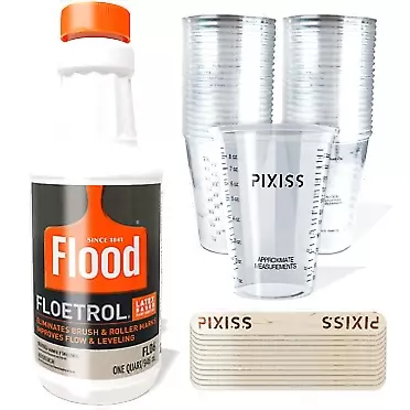 GrandProducts Art Bundles Floetrol Pouring Medium for Acrylic Paint Quart | Flood Flotrol Additive | 20x 10-Ounce Disposable Mixing Cups for Paint, Stain, Epoxy, Resin | 20x Pixiss Wood Mixing Sticks