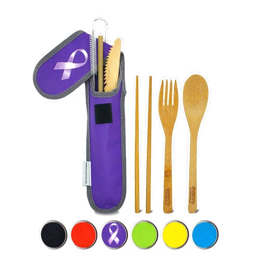 Bamboo Essentials Travel Utensils with Case Set Fork, Knife, Spoon, Chopsticks, Straw, Straw-cleaning brush, Travel Pouch and Carabiner, Excellent For Everyday Use! ((1Set) Purple Hope)
