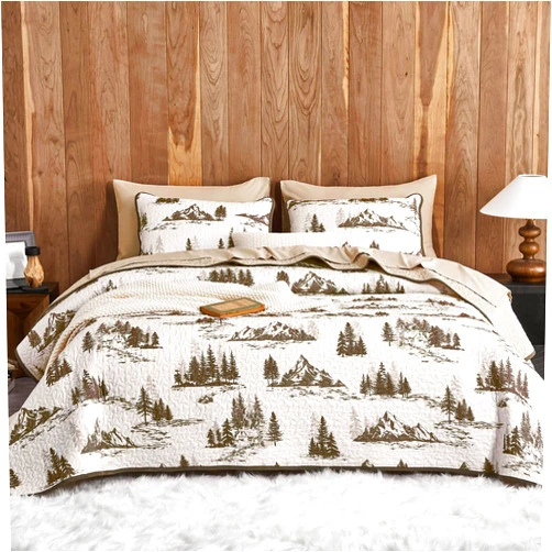 Wake In Cloud - Rustic Quilt Set, Cabin Forest Woodland Camping Theme with Lodge Mountain Print, Reversible Lightweight Bedspread Coverlet, 3 Pieces, Beige Brown, Twin/Twin XL Size