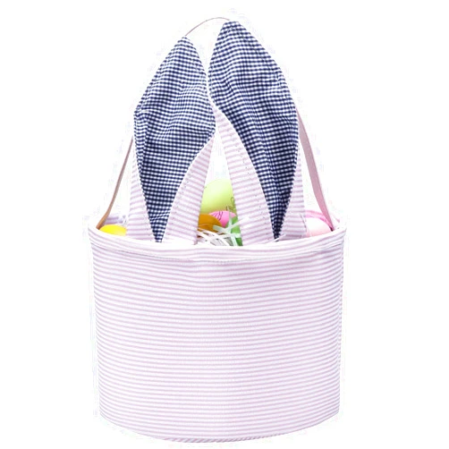 TINVSKQQKJ Easter Baskets Seersucker Bunny Bag for Kids, Cute Easter Bucket Bags with Rabbit Ears for Easter Eggs Hunting