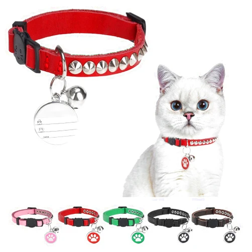 DILLYBUD Leather Personalized Breakaway Cat Collar with Studded Bell and Safety Quick Release Buckle - Rivets Studded ID DIY Collars for Boy Girl Cats Kittens, 9