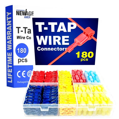New Age America® 180pcs T-Tap Wire Connectors Kit | AWG 22-10 | Color Coded | Quick Splice Wire Terminals | T-Tap Self-Stripping | Splice Connectors for Wiring | Wire Connectors | Tap Disconnects Kit