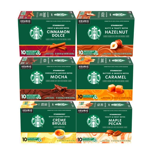 Starbucks Coffee K-Cup Variety Pack, 1 Cinnamon Dolce, 1 Hazelnut, 1 Mocha, 1 Cr�me Brulee, 1 Maple Pecan, 1 Caramel, 10 CT K-Cups, 1 CT