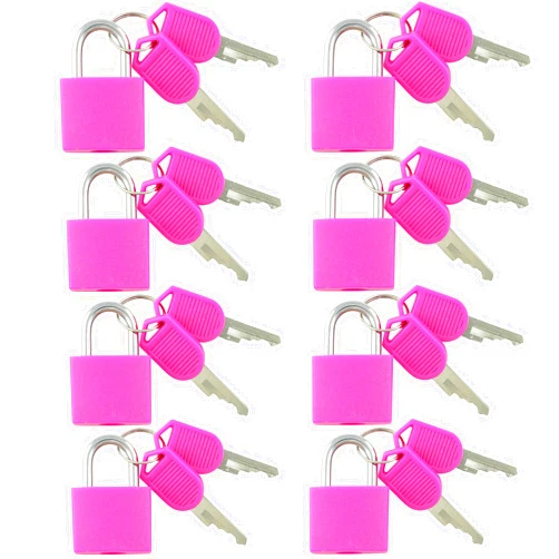 VIP Home Essentials Small Mini Durable ABS Covered Solid Brass Body Individually Keyed Padlock - 8 Pack Lock Set (Pink)