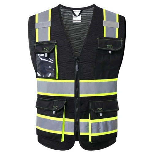 JKSafety Hi Vis Reflective Safety Vests for Men Women High Visibility Vest with Pockets Mesh Fabric Construction Safety Apparel Neon Vest for Work (220-Black L)