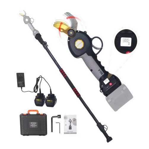 T TOVIA Electric Pruning Shears, Brushless Cordless Tree Pruner with 6.7Ft Extension Pole and 2 Pack 16.8V 4.5Ah Battery, Drop-Forged Alloy Steel Dual-Action Blades, 1.2'' Cutting Diameter (30mm)